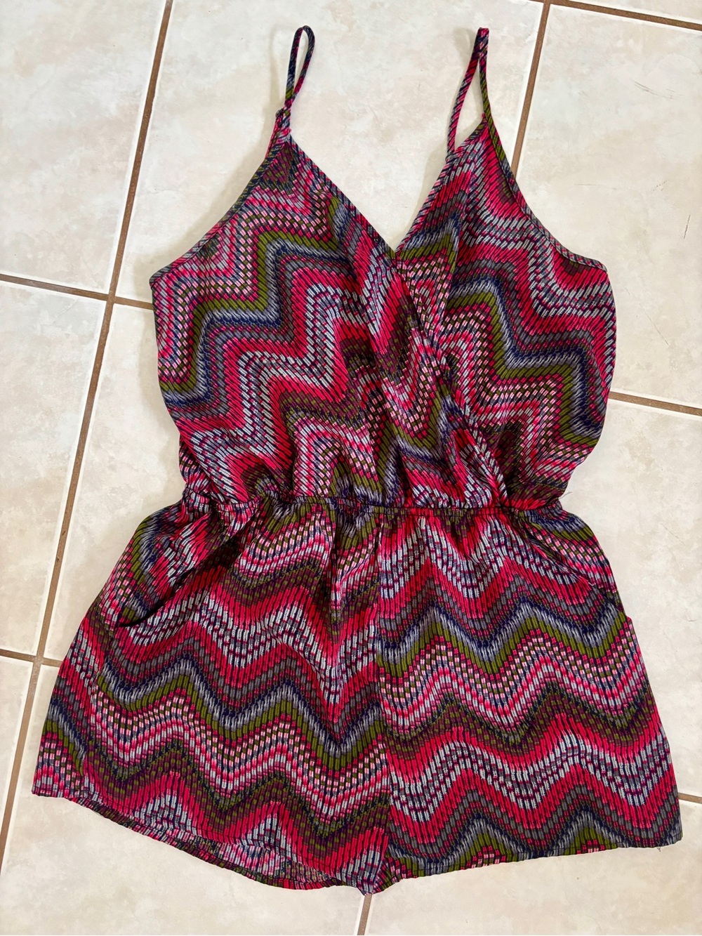Annabelle Multicolor Chevron Cami Romper in Pink, Olive & Black
